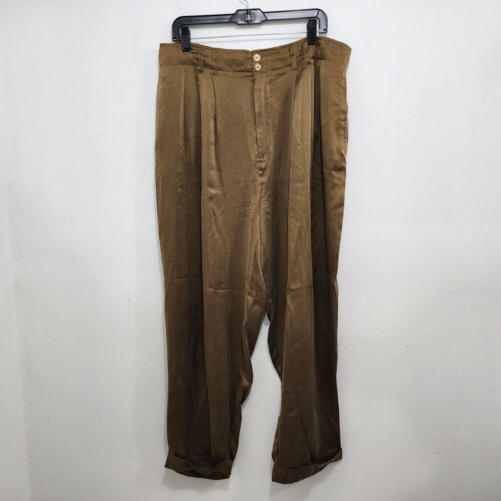 Maurizio Ramani Silk Pleated Trouser Pants Olive GreenHigh-waisted Cuffed Sz 36